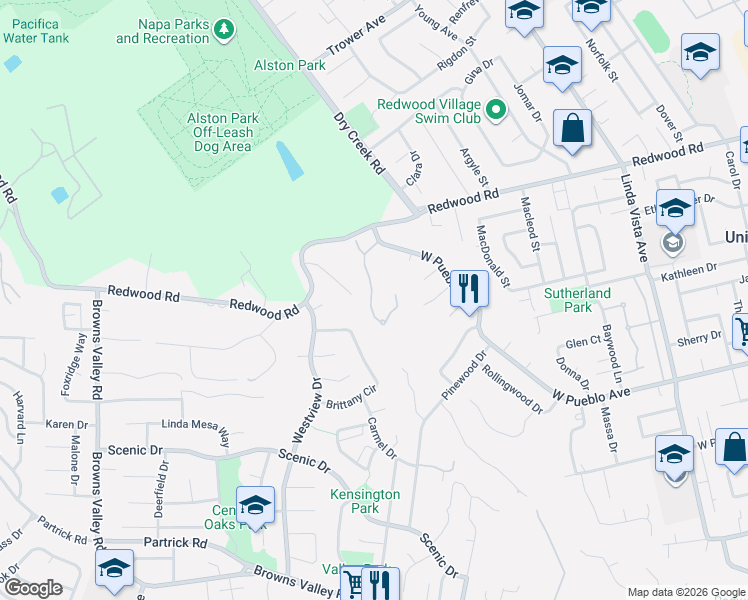 map of restaurants, bars, coffee shops, grocery stores, and more near 25 Lynn Drive in Napa