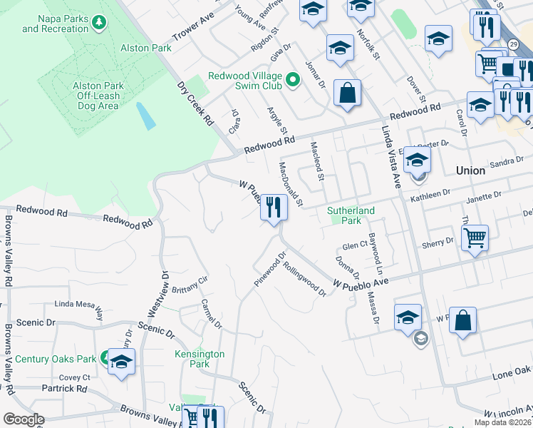 map of restaurants, bars, coffee shops, grocery stores, and more near 2992 Alderwood Court in Napa
