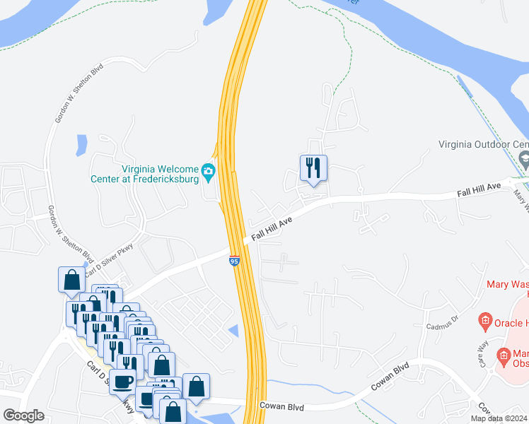 map of restaurants, bars, coffee shops, grocery stores, and more near 200 Brighton Square in Fredericksburg