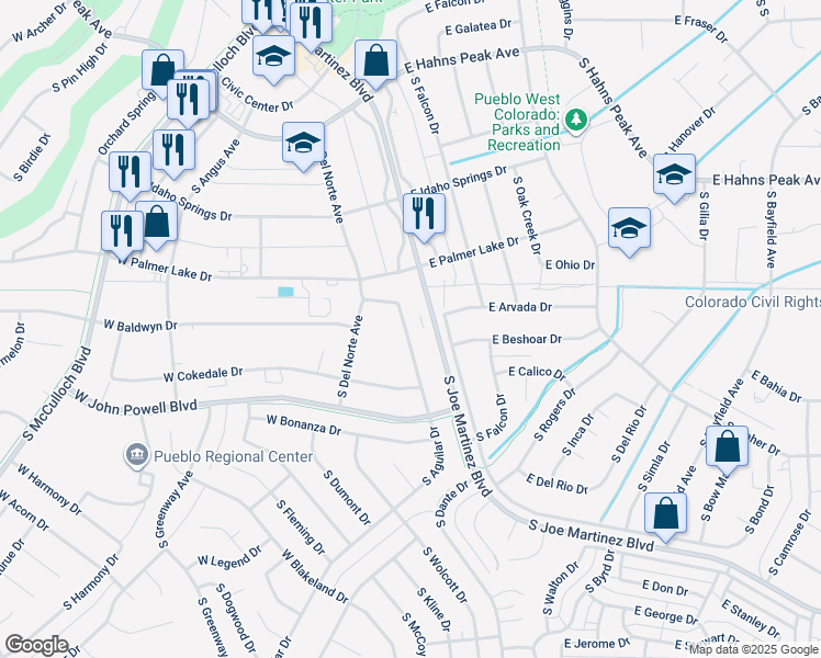 map of restaurants, bars, coffee shops, grocery stores, and more near 512 South Aguilar Drive in Pueblo