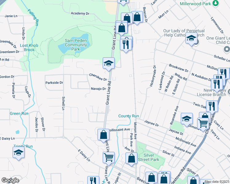 map of restaurants, bars, coffee shops, grocery stores, and more near 2676 Grant Line Road in New Albany