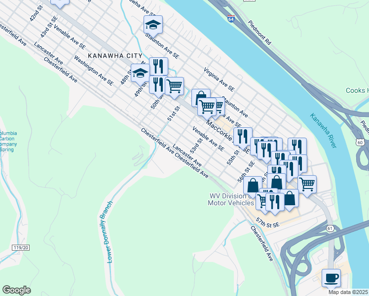 map of restaurants, bars, coffee shops, grocery stores, and more near 5285-5693 Chesterfield Avenue in Charleston