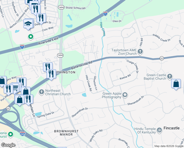 map of restaurants, bars, coffee shops, grocery stores, and more near 5121 Silverton Lane in Louisville