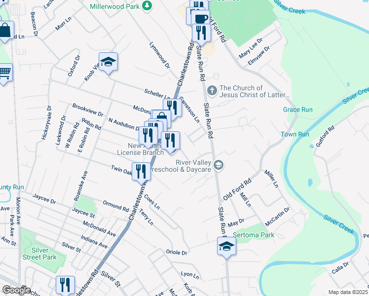 map of restaurants, bars, coffee shops, grocery stores, and more near 1667 Roselawn Avenue in New Albany