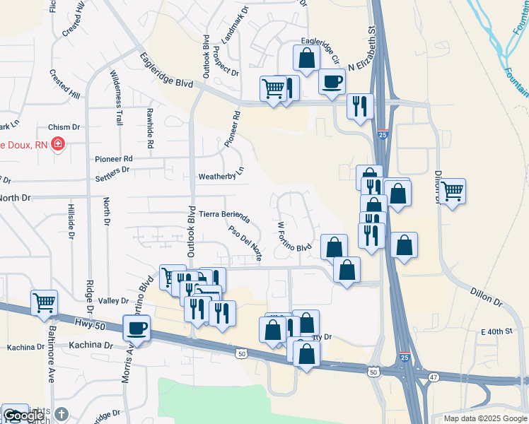 map of restaurants, bars, coffee shops, grocery stores, and more near 1302 Aquila Drive in Pueblo