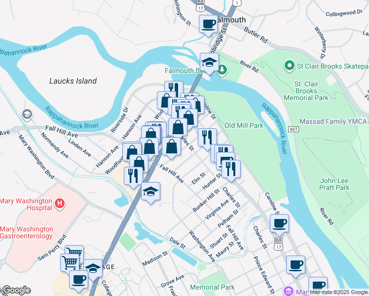 map of restaurants, bars, coffee shops, grocery stores, and more near 408 Bridgewater Street in Fredericksburg