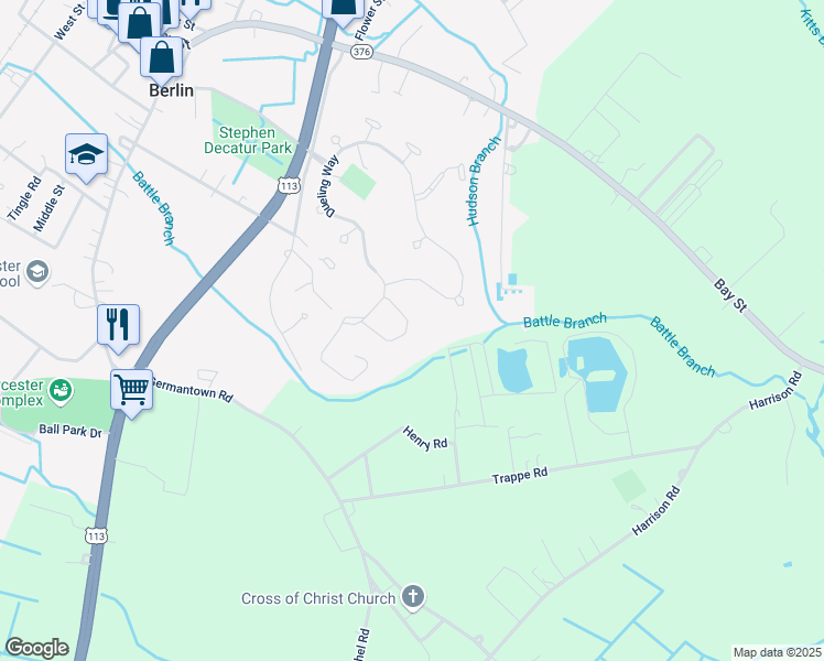 map of restaurants, bars, coffee shops, grocery stores, and more near 315 Schooner Lane in Berlin