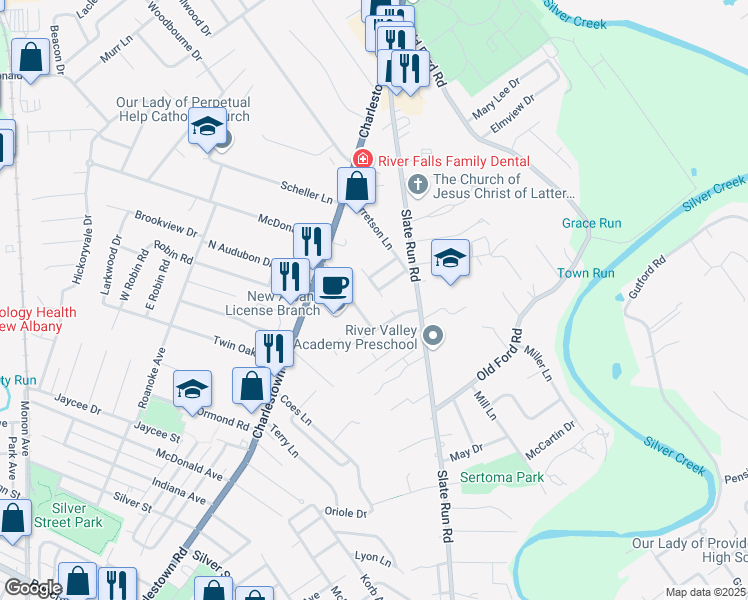 map of restaurants, bars, coffee shops, grocery stores, and more near 1663 Kenwood Avenue in New Albany