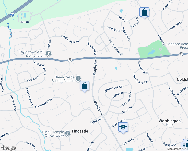 map of restaurants, bars, coffee shops, grocery stores, and more near 5002 Murphy Lane in Louisville