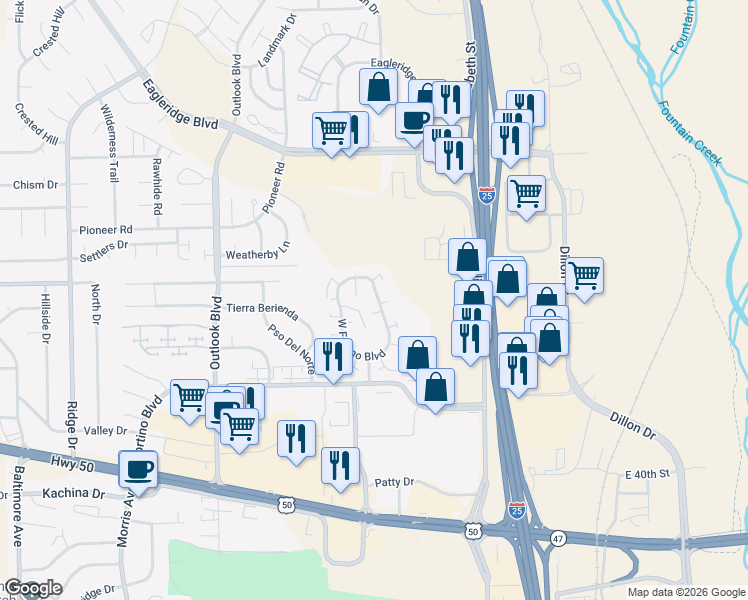 map of restaurants, bars, coffee shops, grocery stores, and more near 1022 West Fortino Boulevard in Pueblo