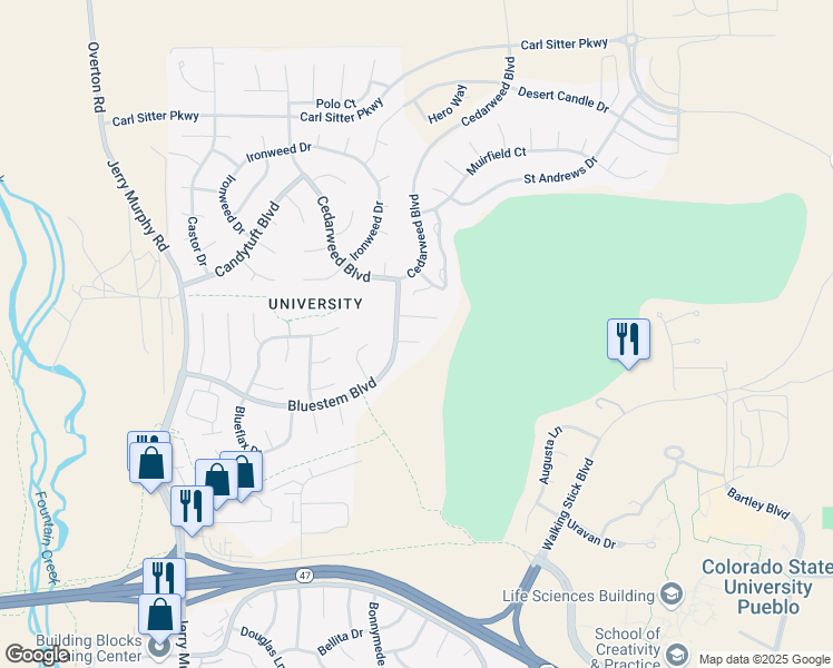map of restaurants, bars, coffee shops, grocery stores, and more near 12 Lathyrus Court in Pueblo