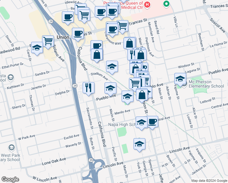 map of restaurants, bars, coffee shops, grocery stores, and more near 3022 Stadium Avenue in Napa