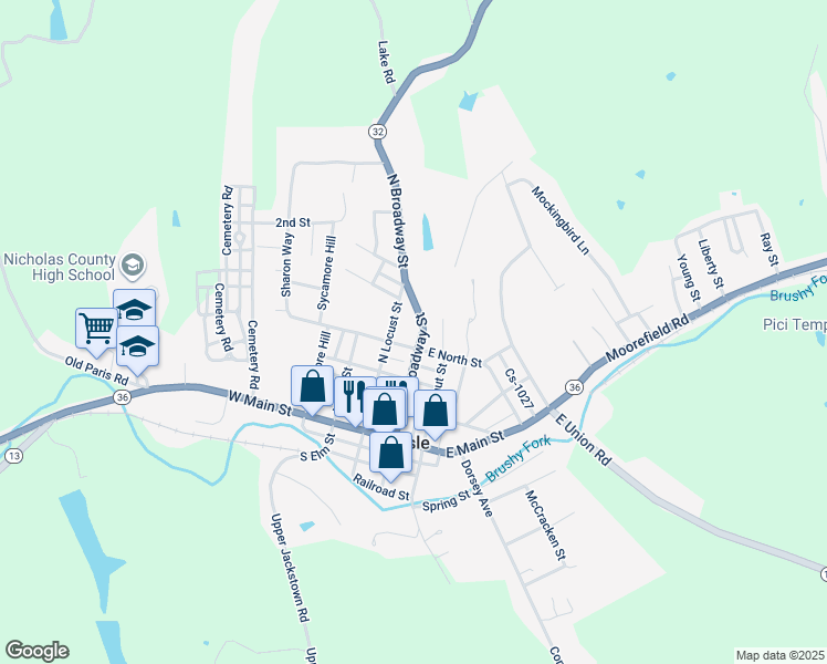 map of restaurants, bars, coffee shops, grocery stores, and more near 550 North Broadway Street in Carlisle