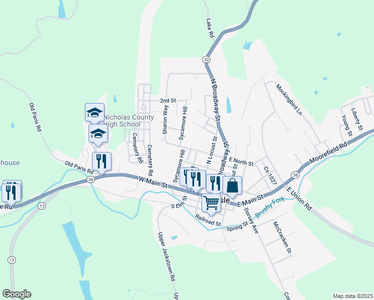 map of restaurants, bars, coffee shops, grocery stores, and more near 439 Sycamore Hill in Carlisle