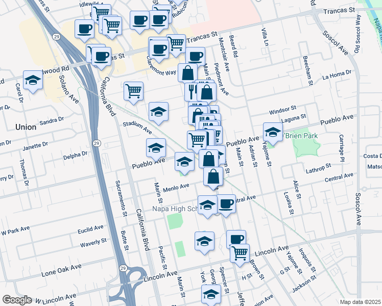 map of restaurants, bars, coffee shops, grocery stores, and more near 1410 Pueblo Avenue in Napa