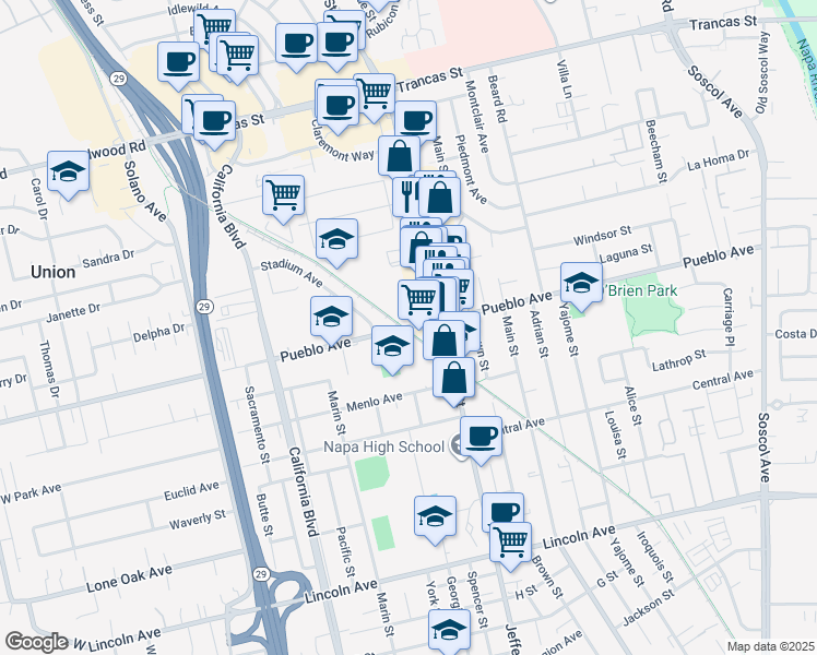 map of restaurants, bars, coffee shops, grocery stores, and more near 1402 Pueblo Avenue in Napa