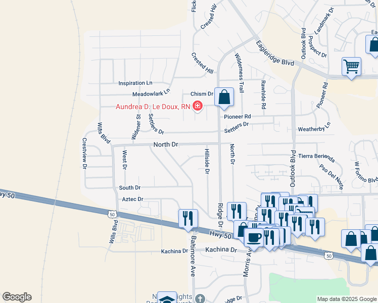 map of restaurants, bars, coffee shops, grocery stores, and more near 2107 North Drive in Pueblo