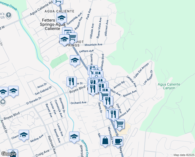 map of restaurants, bars, coffee shops, grocery stores, and more near 67 Central Avenue in Sonoma
