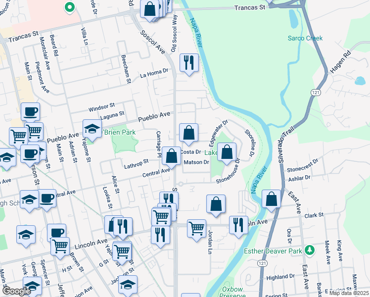 map of restaurants, bars, coffee shops, grocery stores, and more near 2735 Beach Street in Napa