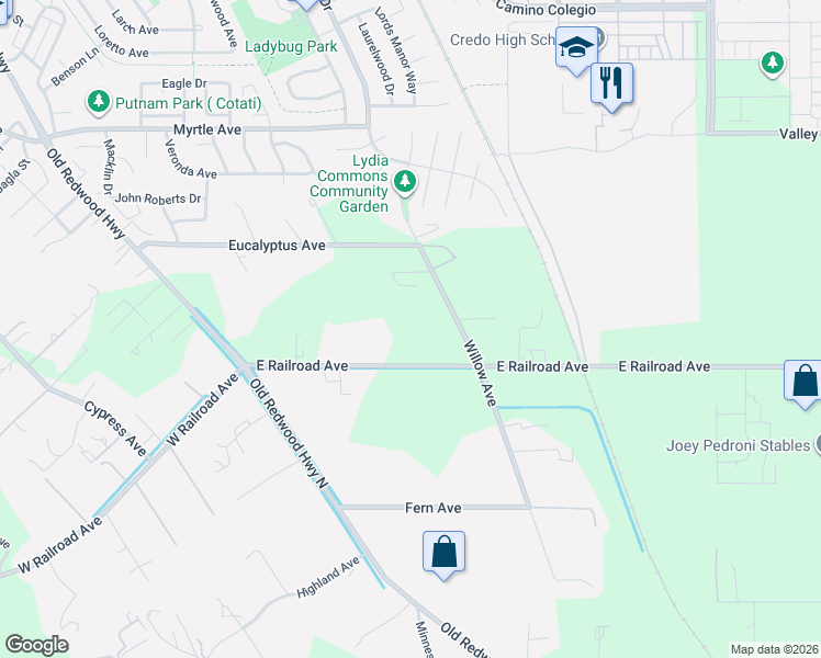 map of restaurants, bars, coffee shops, grocery stores, and more near 365 East Railroad Avenue in Cotati