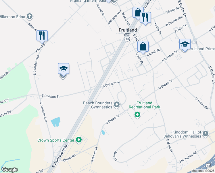 map of restaurants, bars, coffee shops, grocery stores, and more near 312 South Division Street in Fruitland