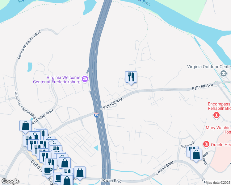 map of restaurants, bars, coffee shops, grocery stores, and more near 401 Chadwick Drive in Fredericksburg