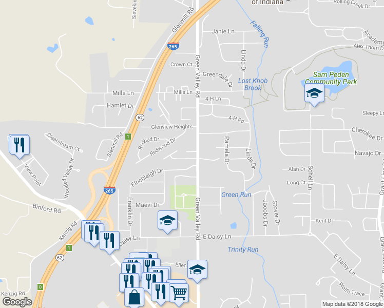 map of restaurants, bars, coffee shops, grocery stores, and more near 102 Alyson Court in New Albany