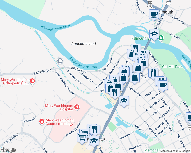 map of restaurants, bars, coffee shops, grocery stores, and more near Village Lane in Fredericksburg