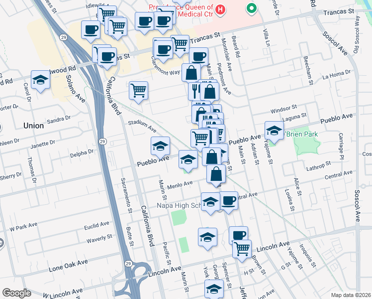 map of restaurants, bars, coffee shops, grocery stores, and more near 1400 Pueblo Avenue in Napa