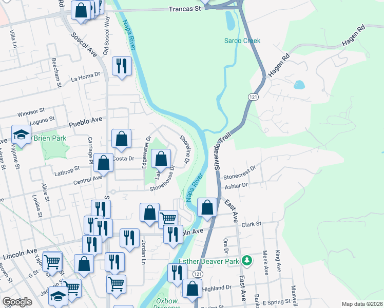 map of restaurants, bars, coffee shops, grocery stores, and more near 2420 Shoreline Drive in Napa