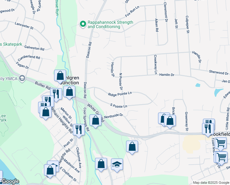 map of restaurants, bars, coffee shops, grocery stores, and more near 23 Ridge Pointe Lane in Fredericksburg