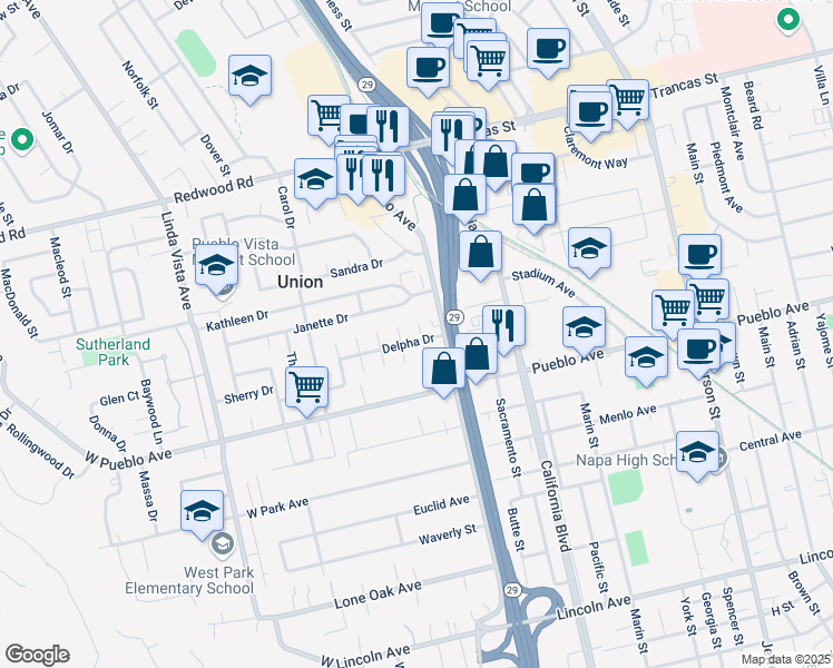 map of restaurants, bars, coffee shops, grocery stores, and more near 26 Burnette Court in Napa