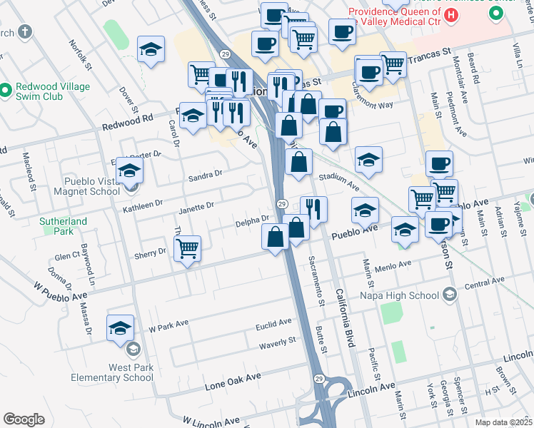 map of restaurants, bars, coffee shops, grocery stores, and more near 14 Burnette Court in Napa