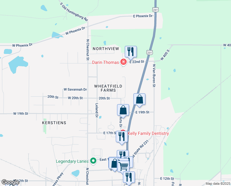 map of restaurants, bars, coffee shops, grocery stores, and more near 4011 Christopher Court in Huntingburg
