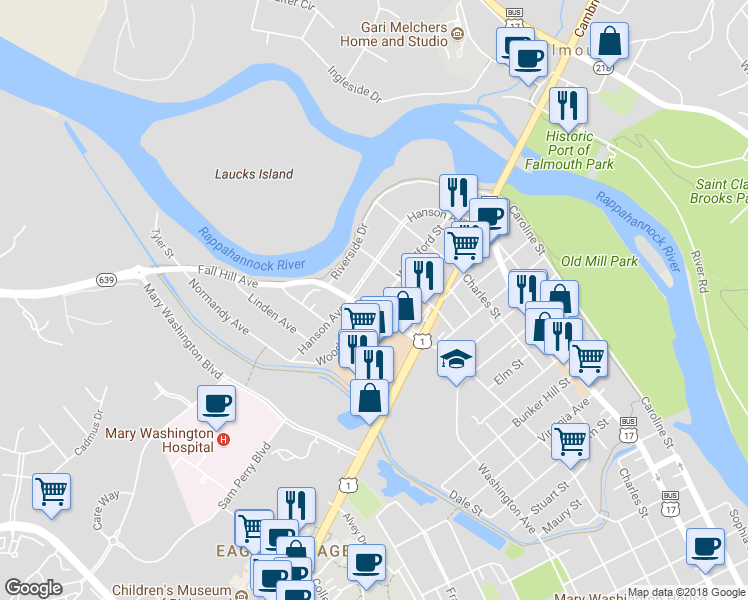 map of restaurants, bars, coffee shops, grocery stores, and more near 455 Woodford Street in Fredericksburg