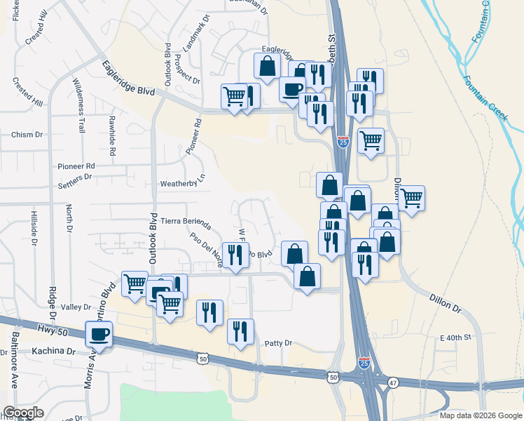 map of restaurants, bars, coffee shops, grocery stores, and more near 999 West Fortino Boulevard in Pueblo