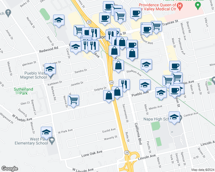 map of restaurants, bars, coffee shops, grocery stores, and more near 3141 Solano Avenue in Napa