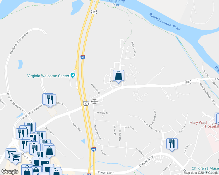 map of restaurants, bars, coffee shops, grocery stores, and more near 507 Harris Court in Fredericksburg