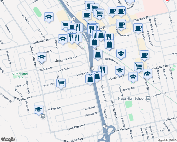 map of restaurants, bars, coffee shops, grocery stores, and more near 3143 Solano Avenue in Napa