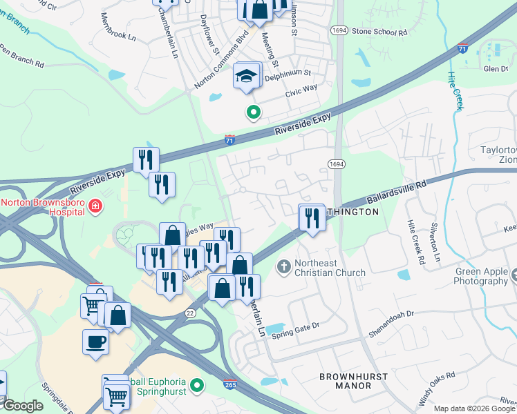 map of restaurants, bars, coffee shops, grocery stores, and more near 5004 Falkland Lane in Louisville