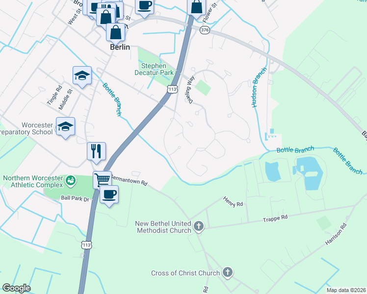 map of restaurants, bars, coffee shops, grocery stores, and more near 14 Meadow Street in Berlin