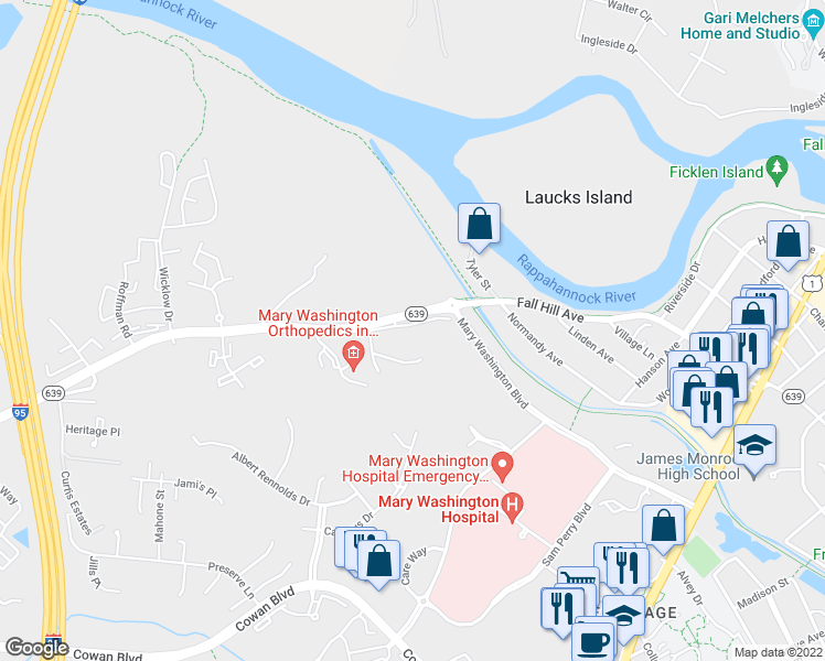 map of restaurants, bars, coffee shops, grocery stores, and more near 1200 Forest Village in Fredericksburg