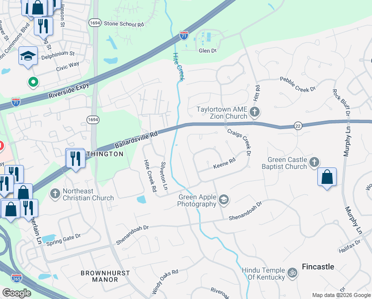 map of restaurants, bars, coffee shops, grocery stores, and more near 4535 Biles Court in Louisville