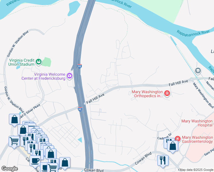 map of restaurants, bars, coffee shops, grocery stores, and more near 501 Harris Court in Fredericksburg