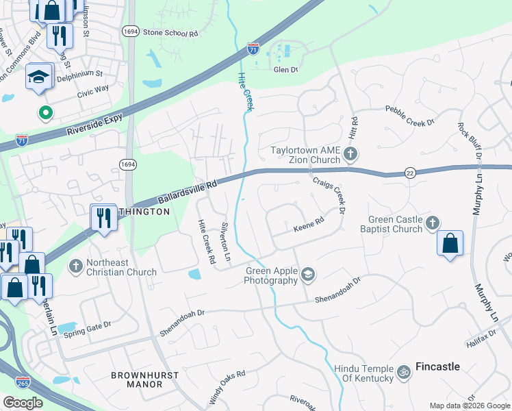 map of restaurants, bars, coffee shops, grocery stores, and more near 4535 Biles Court in Louisville