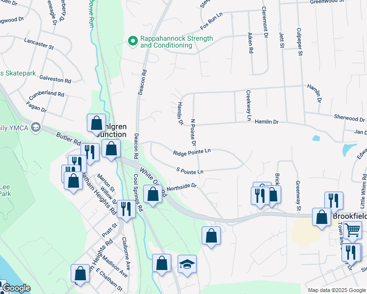 map of restaurants, bars, coffee shops, grocery stores, and more near 23 Ridge Pointe Lane in Fredericksburg