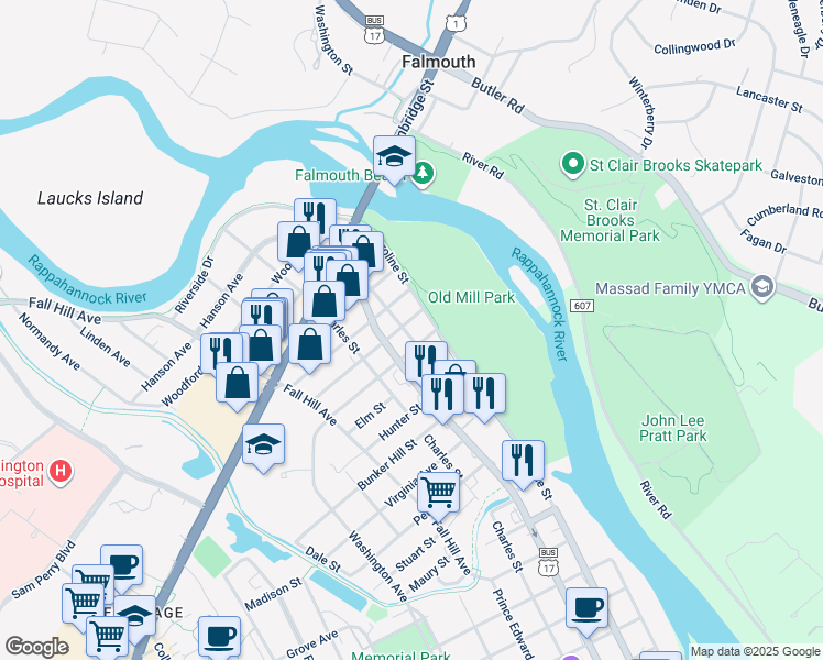 map of restaurants, bars, coffee shops, grocery stores, and more near 2411 Van Buren Street in Fredericksburg