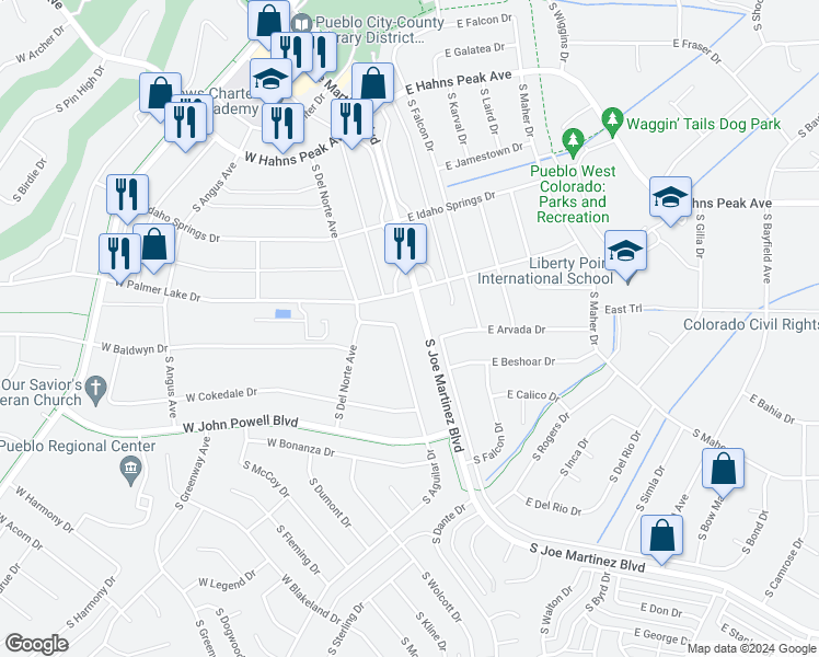map of restaurants, bars, coffee shops, grocery stores, and more near 460 South Aguilar Drive in Pueblo
