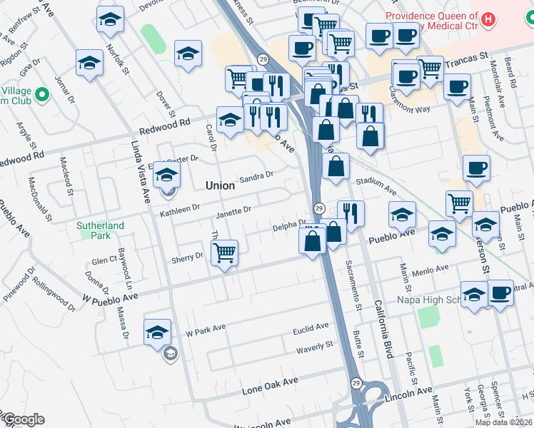 map of restaurants, bars, coffee shops, grocery stores, and more near 2067 Janette Drive in Napa