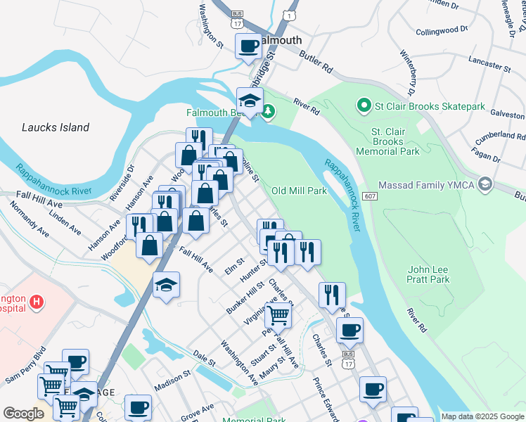 map of restaurants, bars, coffee shops, grocery stores, and more near 2411 Van Buren Street in Fredericksburg